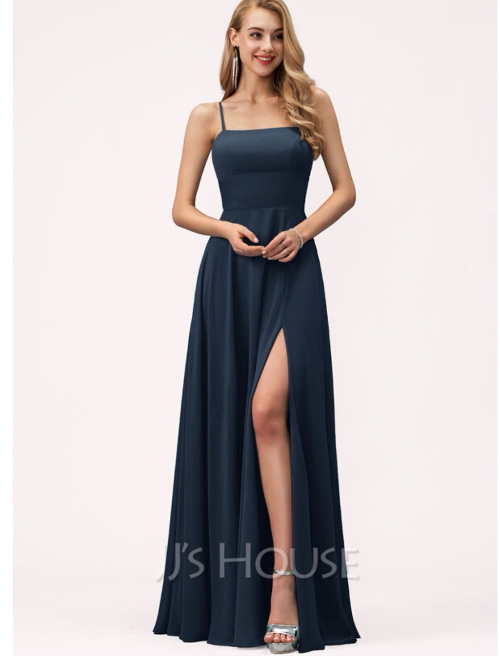 Jj’s House Lunetta Dark Navy Chiffon Lace-Up Slit Gown Size 10 Euc — image 5 of 8
